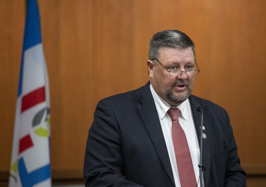 Linn County Supervisor Chair Louie Zumbach delivers his opening remarks Thursday during the State of the County address at the Jean Oxley Linn County Public Service Center in Cedar Rapids. (Savannah Blake/The Gazette)