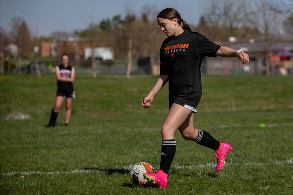 Solon sophomore Rose McAtte participates in a drill during a soccer practice at Solon High School in Solon, Iowa on Thursday, April 27, 2023. (Nick Rohlman/The Gazette)