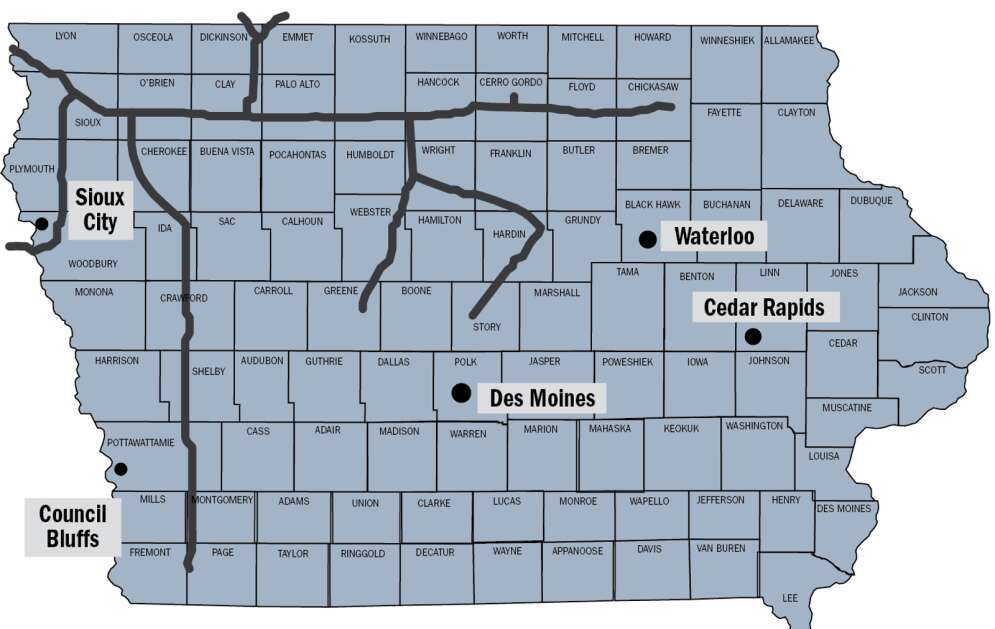 Proposed route for Summit Carbon CO2 pipeline in Iowa. (Gazette graphic)