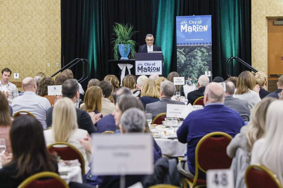 Marion Mayor Nick AbouAssaly presents the State of the City address during a luncheon at the Radisson Hotel Cedar Rapids on Tuesday. (Jim Slosiarek/The Gazette)