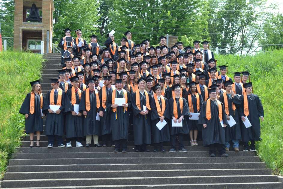 The FHS Class of 2022 gathers on the steps to the bell tower after graduation on Sunday, May 29. (Andy Hallman/The Union)