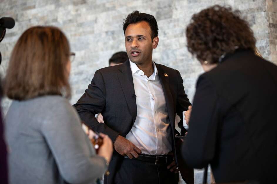 2024 Republican presidential candidate Vivek Ramaswamy waits to speak with more supporters on Wednesday, May 10, 2023, at the Marriott Courtyard in Iowa City, Iowa. (Geoff Stellfox/The Gazette)