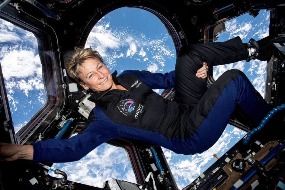 Commander Peggy Whitson floats during the Ax-2 spaceflight. Whitson, who grew up in Beaconsfield, Iowa and graduated from Iowa Wesleyan, was the first female commander of a private space mission. (Axiom Space)