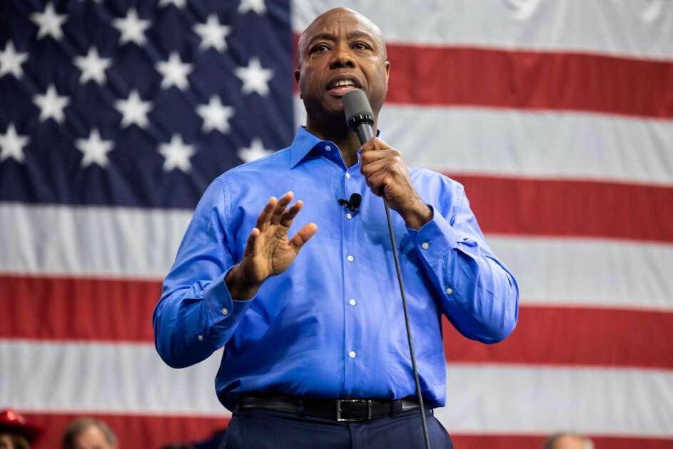 Republican presidential candidate Tim Scott delivers a speech Monday announcing his candidacy for president of the United States on the campus of Charleston Southern University in North Charleston, S.C. (AP Photo/Mic Smith)