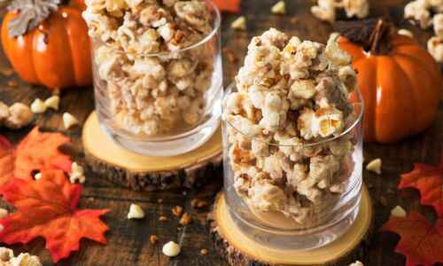White chocolate pumpkin spice popcorn is the perfect fall recipe