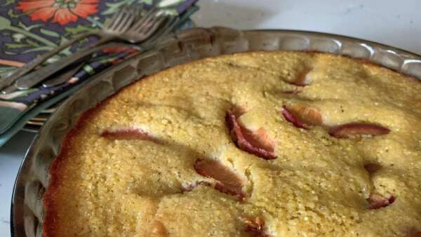 This sweet cornbread recipe with peaches or plums is made for fall