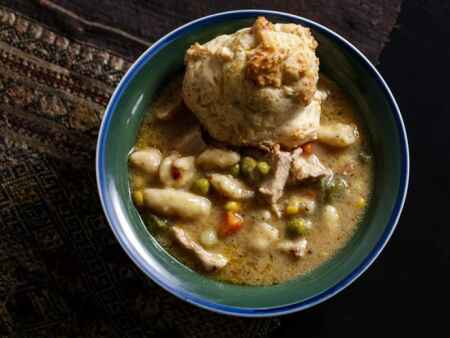 Dig into this turkey and gnocchi soup and cheesy biscuits, which pair perfectly with fall