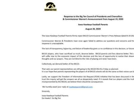 Iowa football parents group ‘firmly rejects’ Big Ten commissioner’s open letter
